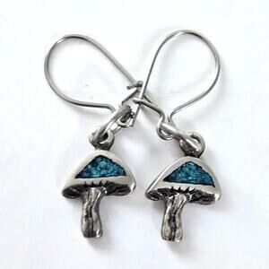 Vintage Sterling Silver Mushroom Earrings Turquoise? Chip Inlay Boho Hippie Gift